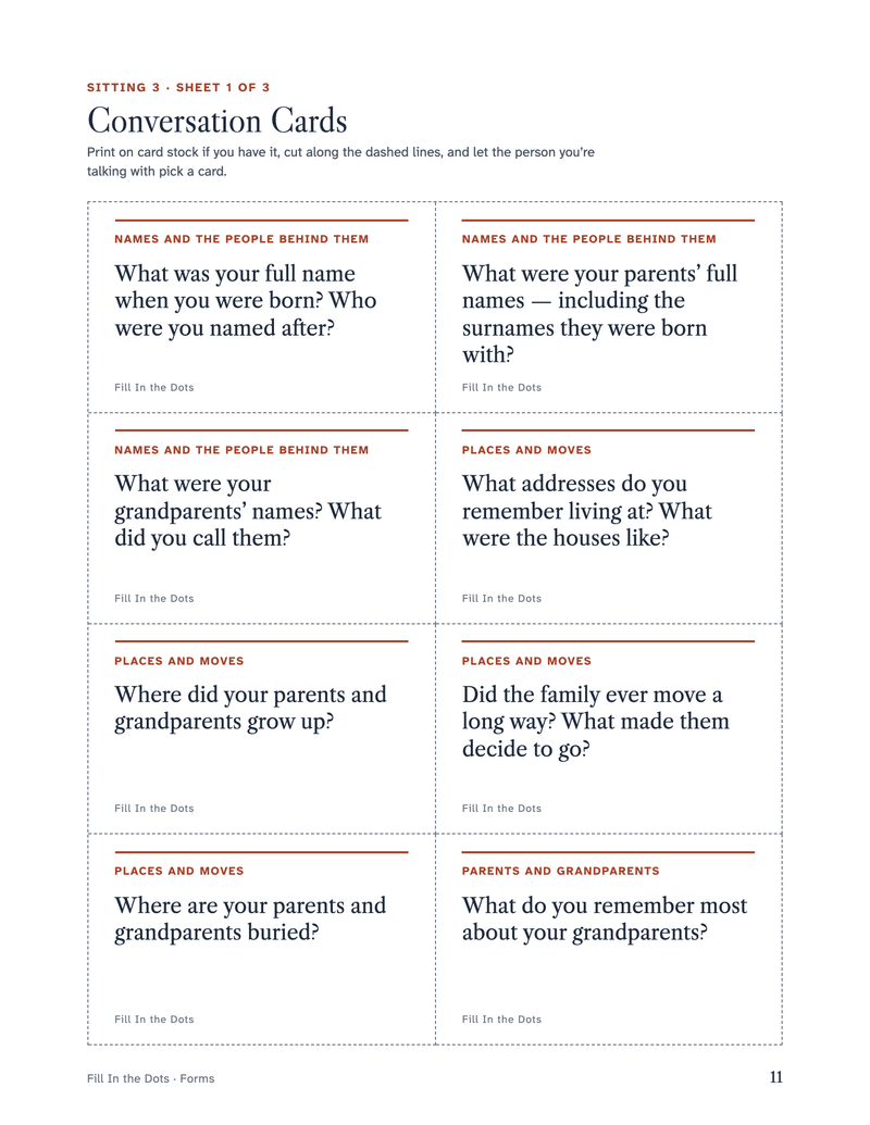 A sheet of eight conversation cards to cut out, each with one question to ask a relative.