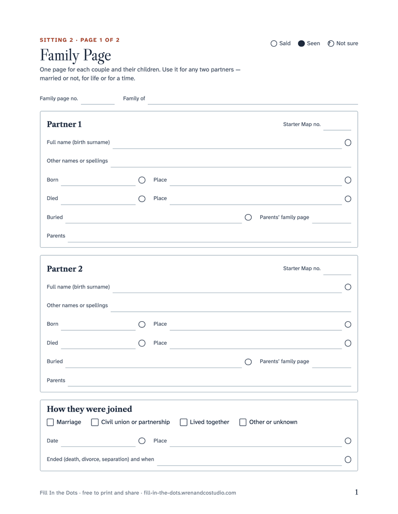 The free printable family group sheet, page 1: two partners with their names, births, deaths and parents, and how they were joined.