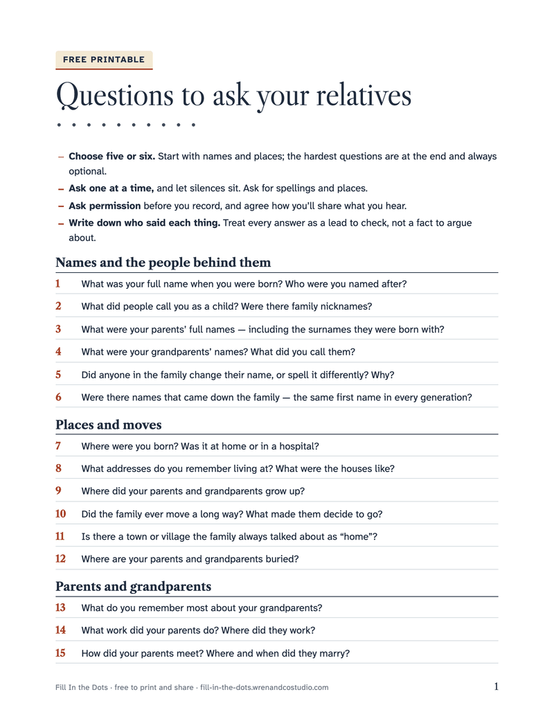 The first page of the free printable interview questions: four habits for a good conversation, then numbered questions grouped by topic.