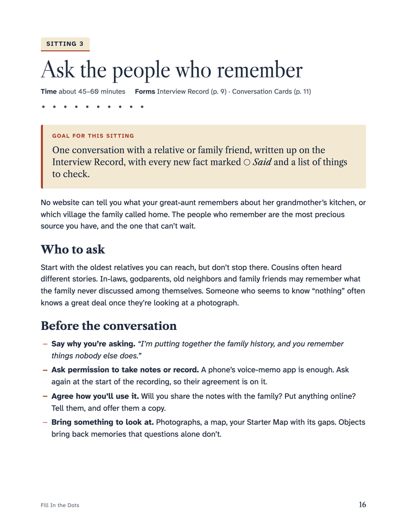 The opening page of Sitting 3, “Ask the people who remember”, with its goal and how to prepare for a conversation.
